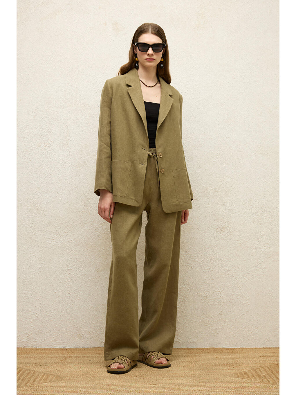 Cepli Rahat Keten Pantolon Haki-1