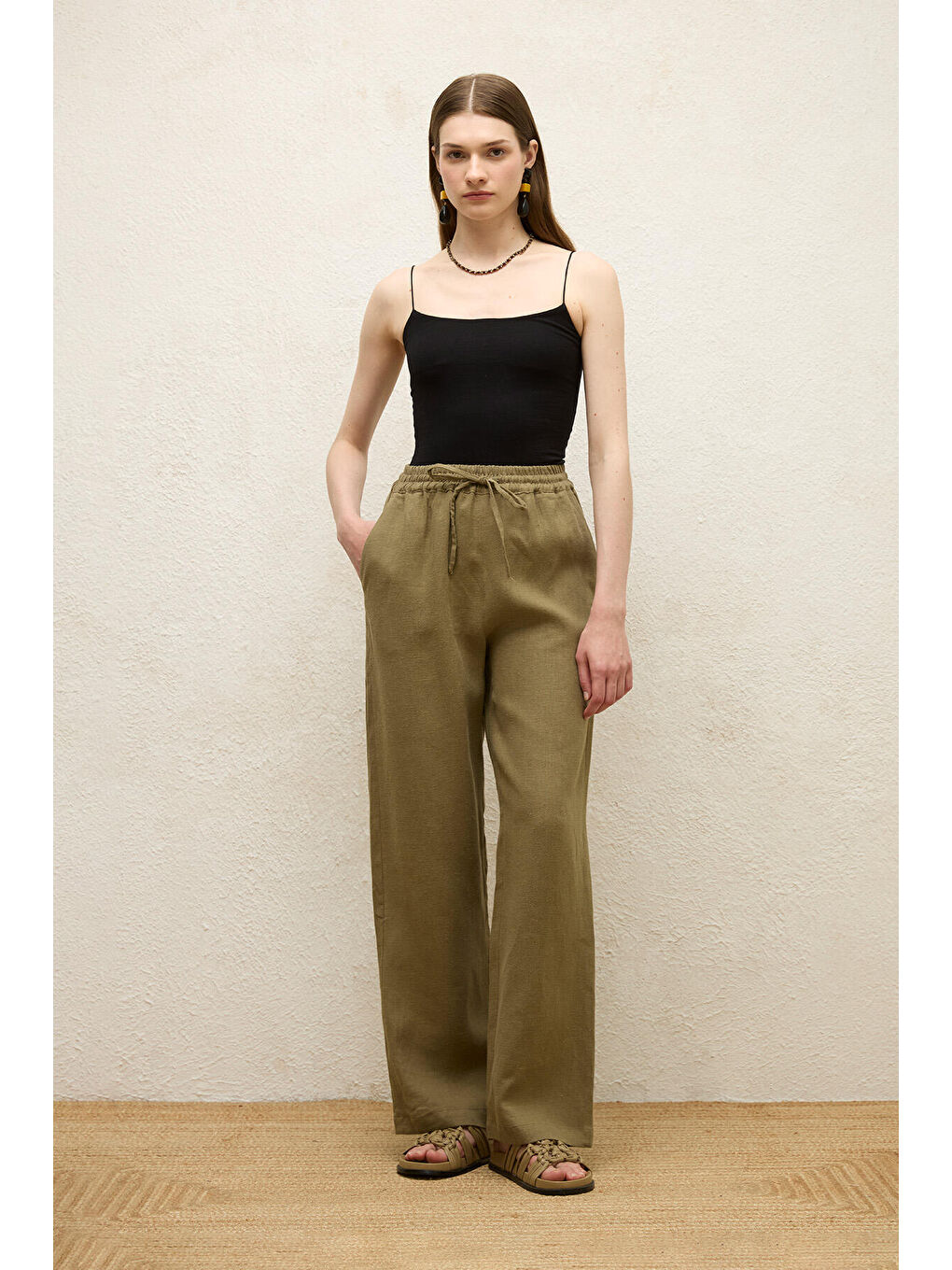 Cepli Rahat Keten Pantolon Haki-2