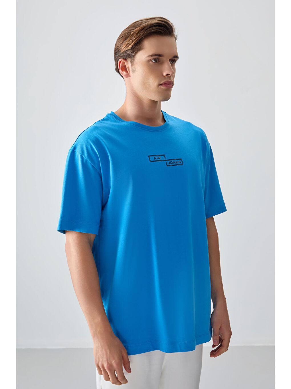 Petrol Mavi %100 Pamuk Kalın Yumuşak Dokulu Oversize Fit Baskılı Erkek Tişört - 88361-3