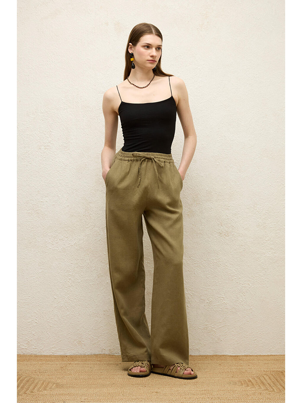 Cepli Rahat Keten Pantolon Haki-4