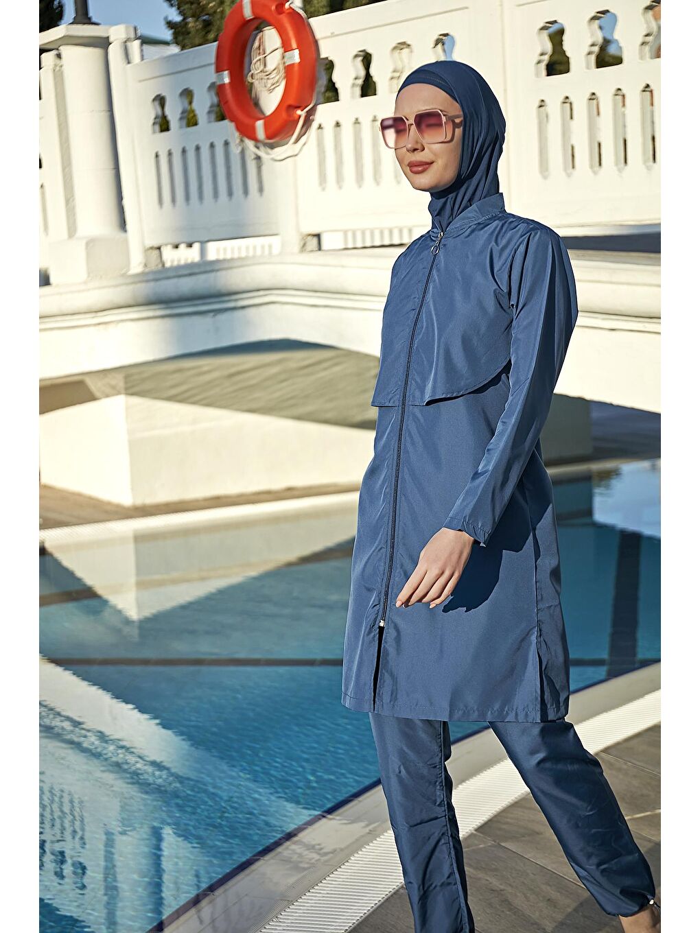 Önü Kapaklı Paraşüt Tam Kapalı Tesettür Mayo Nuray Açık Lacivert-1
