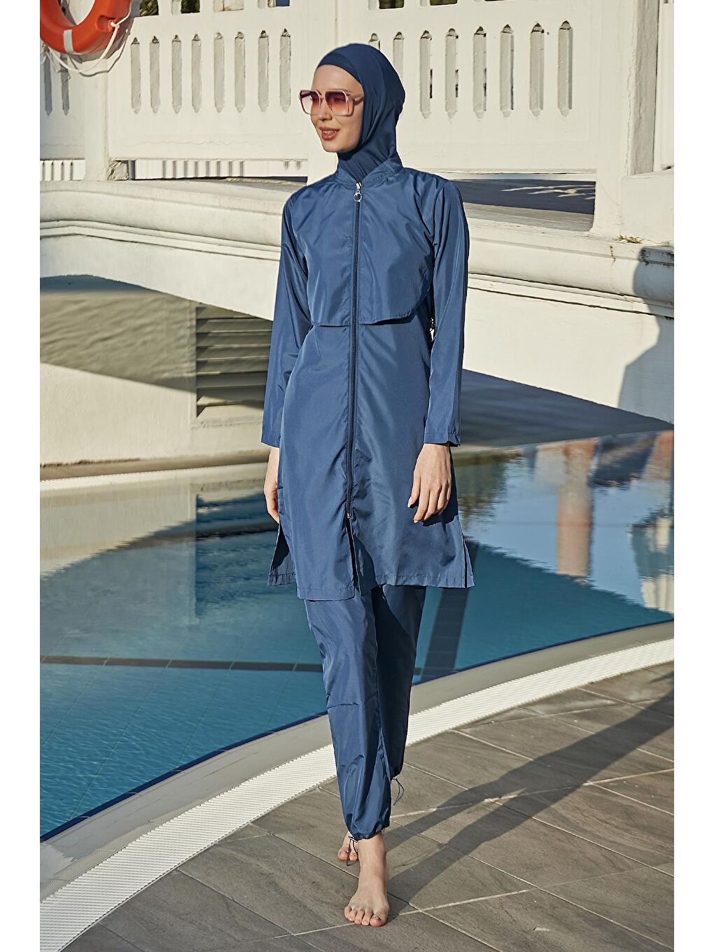 Önü Kapaklı Paraşüt Tam Kapalı Tesettür Mayo Nuray Açık Lacivert-2