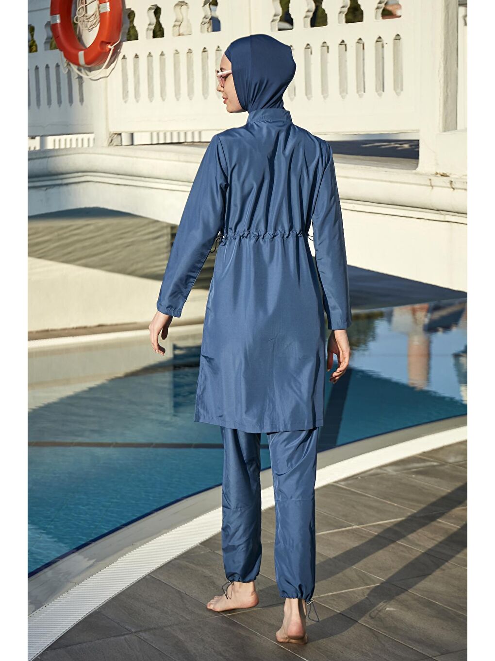 Önü Kapaklı Paraşüt Tam Kapalı Tesettür Mayo Nuray Açık Lacivert-3