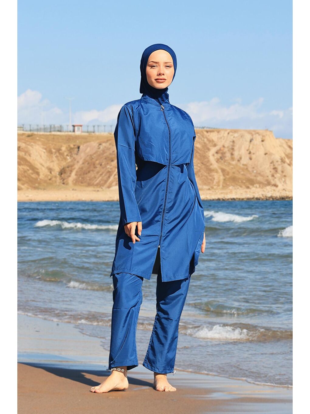 Önü Kapaklı Paraşüt Tam Kapalı Tesettür Mayo Nuray Açık Lacivert-4