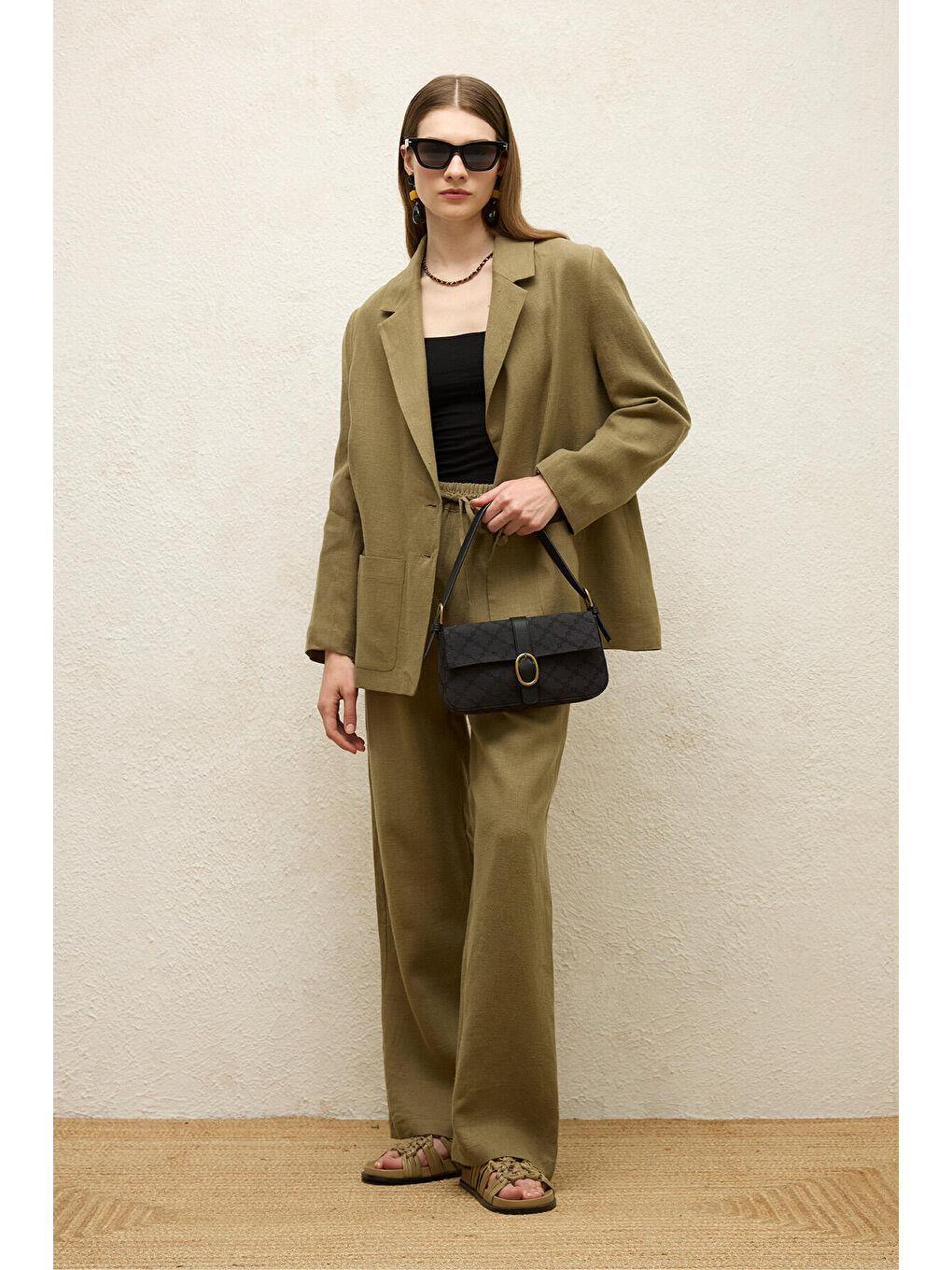 Cepli Rahat Keten Pantolon Haki-5