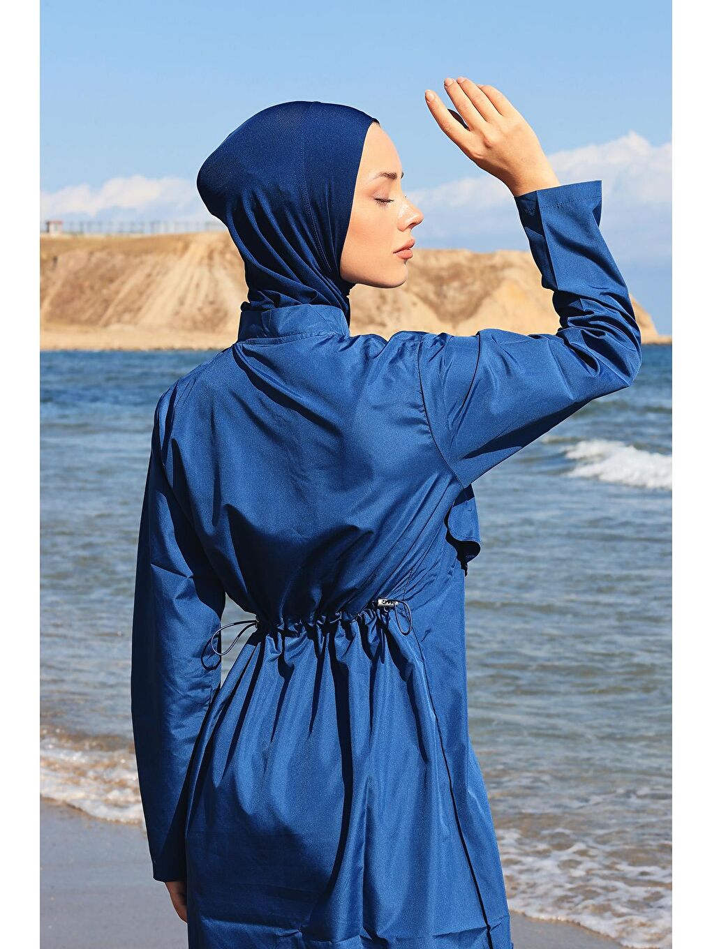 Önü Kapaklı Paraşüt Tam Kapalı Tesettür Mayo Nuray Açık Lacivert-6