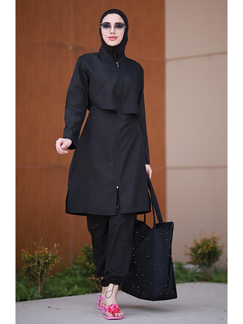 Siyah Önü Kapaklı Paraşüt Tam Kapalı Tesettür Mayo Nuray-4