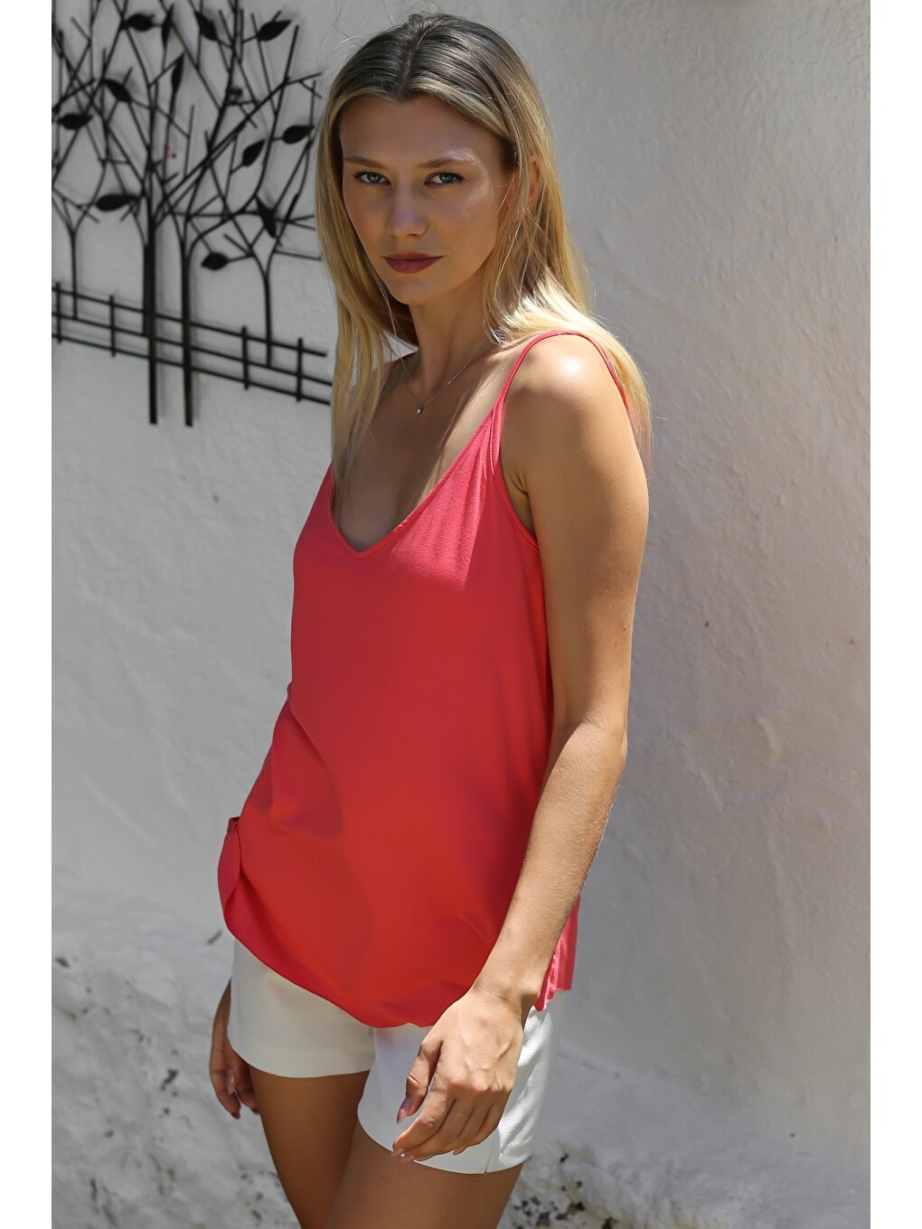 Pembe Gül Kurusu V Yaka Askılı Yarım Astarlı Yırtmaçlı Örme Basic Casual Bluz-5
