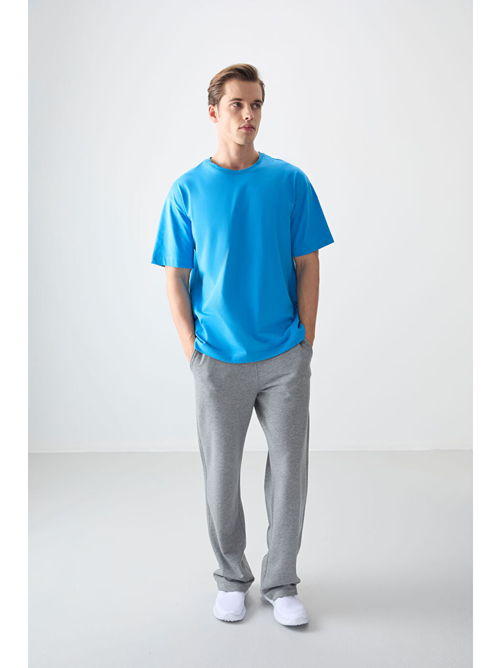 Petrol Mavi %100 Pamuk Kalın Yumuşak Dokulu Oversize Fit Basic Erkek Tişört - 88353-3