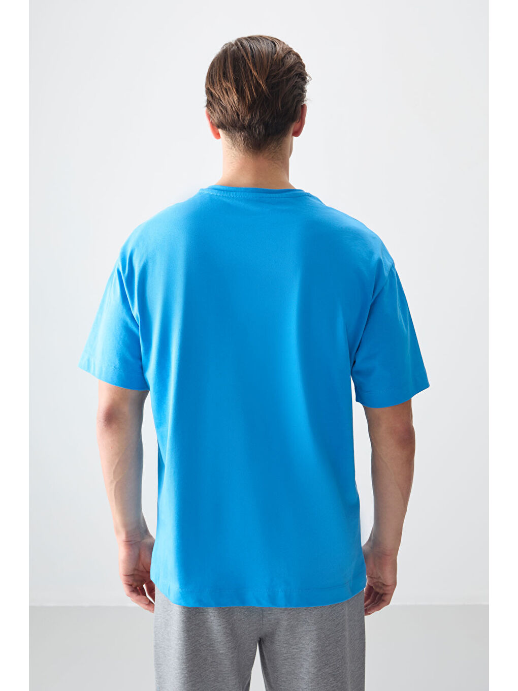 Petrol Mavi %100 Pamuk Kalın Yumuşak Dokulu Oversize Fit Basic Erkek Tişört - 88353-4