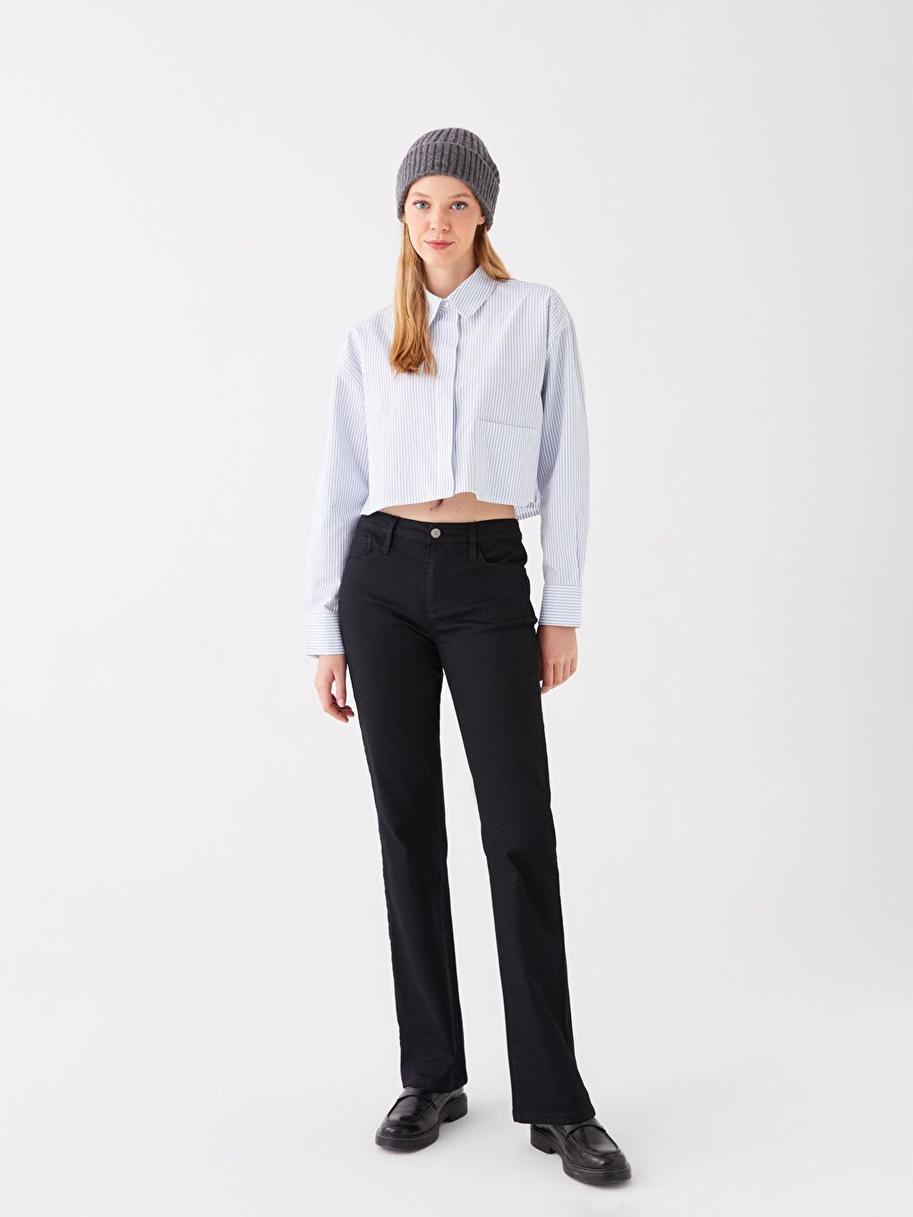 Mavi Çizgili Cep Detaylı Crop Gömlek Bg01