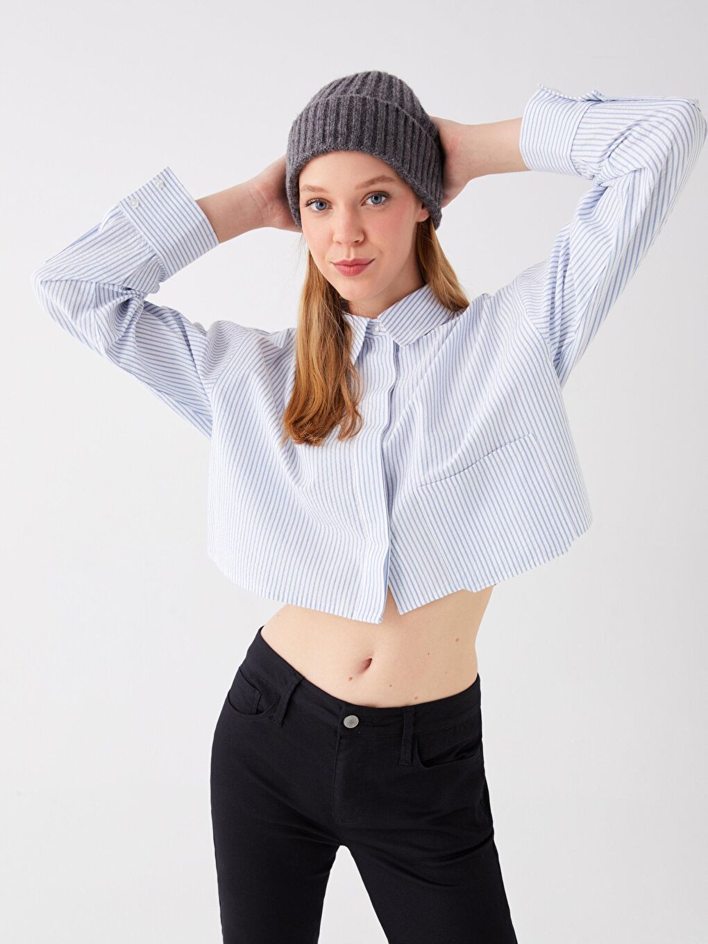 Mavi Çizgili Cep Detaylı Crop Gömlek Bg01-2