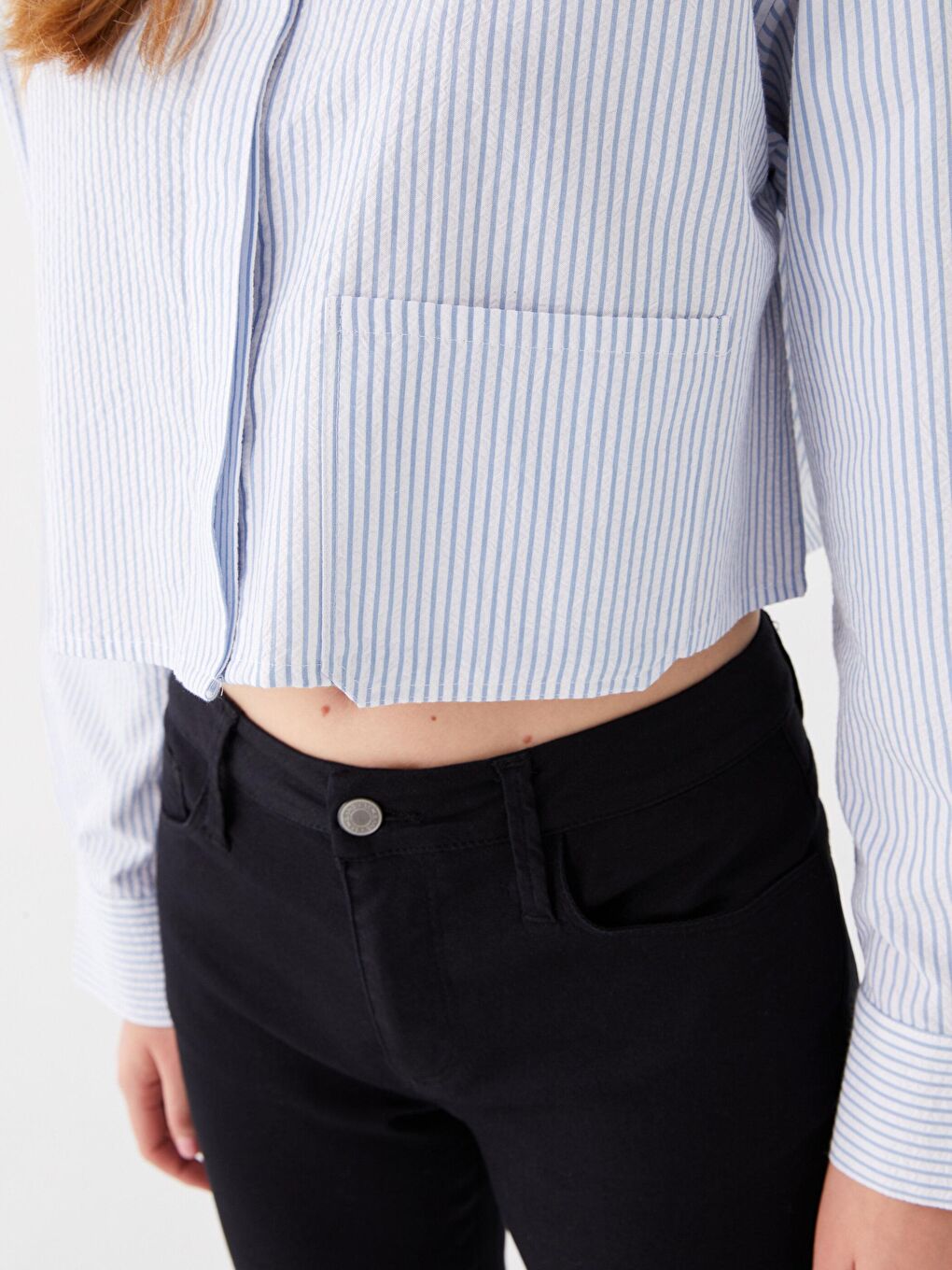 Mavi Çizgili Cep Detaylı Crop Gömlek Bg01-3