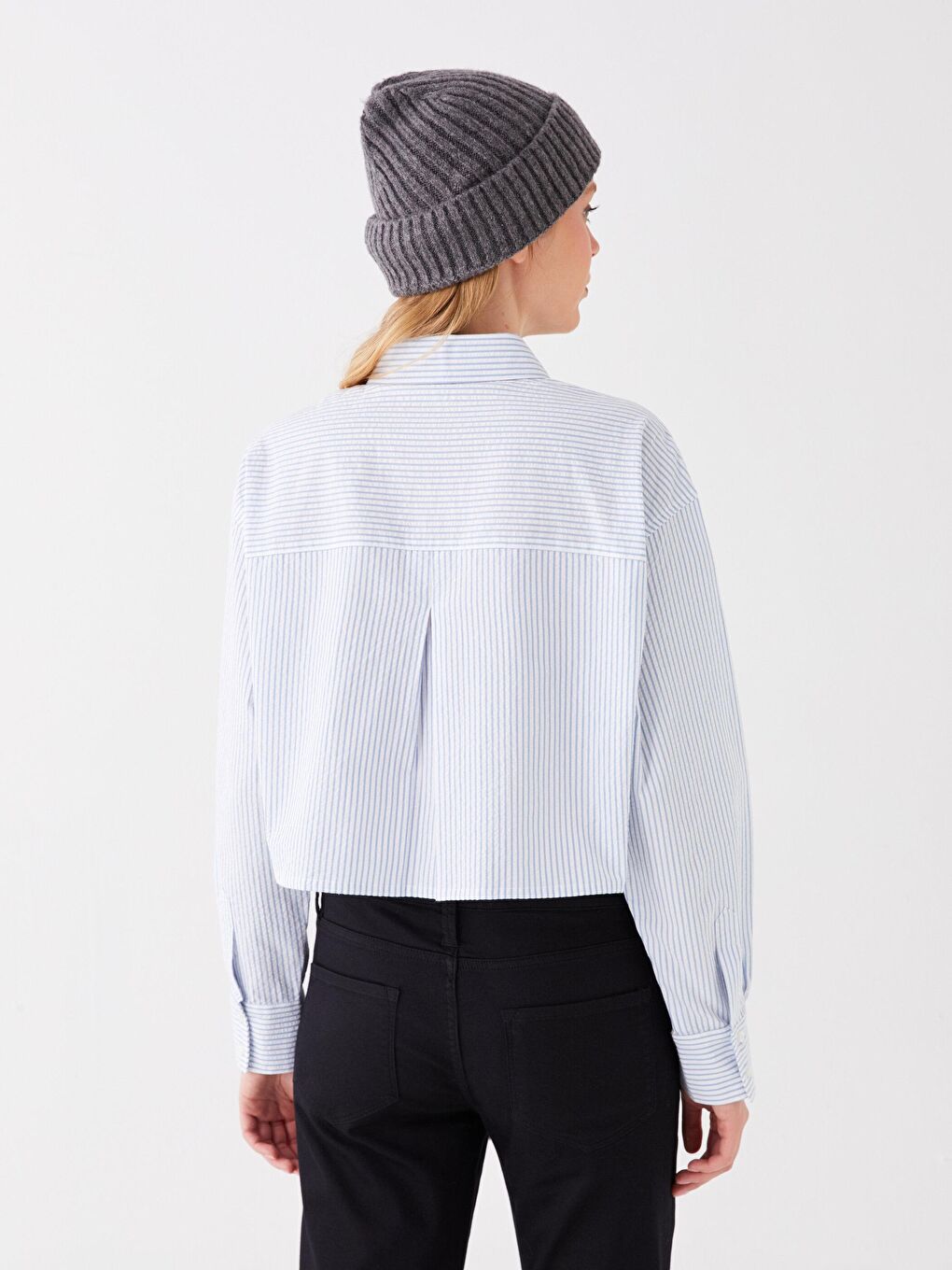 Mavi Çizgili Cep Detaylı Crop Gömlek Bg01-4