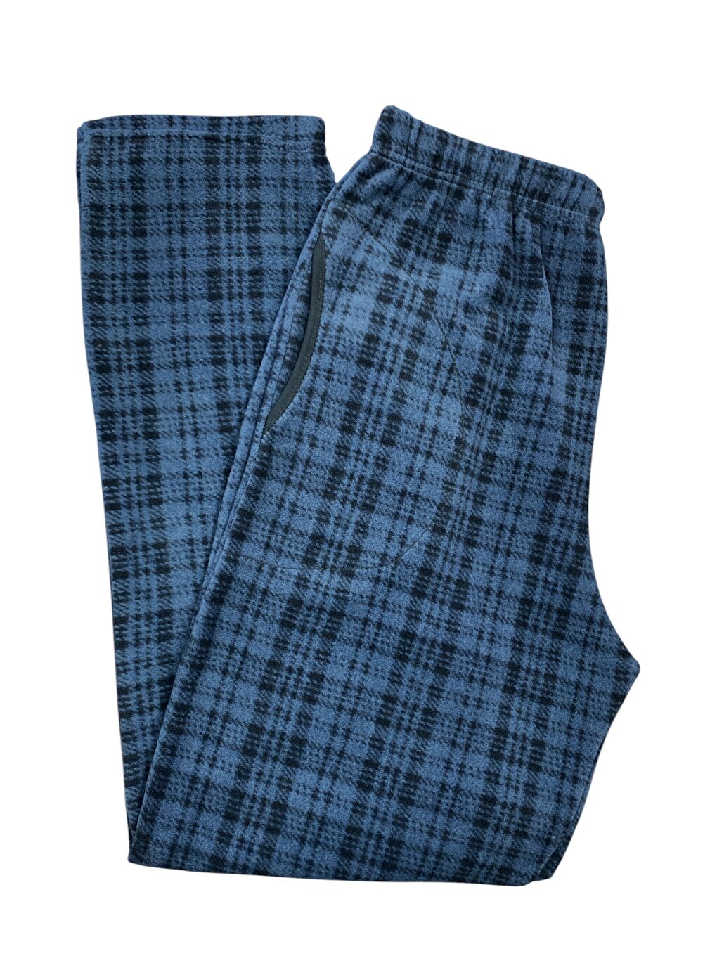 Erkek Mavi Ekose Polar Cepli Kışlık Kalın Yüksek Kaliteli Pijama Altı-1