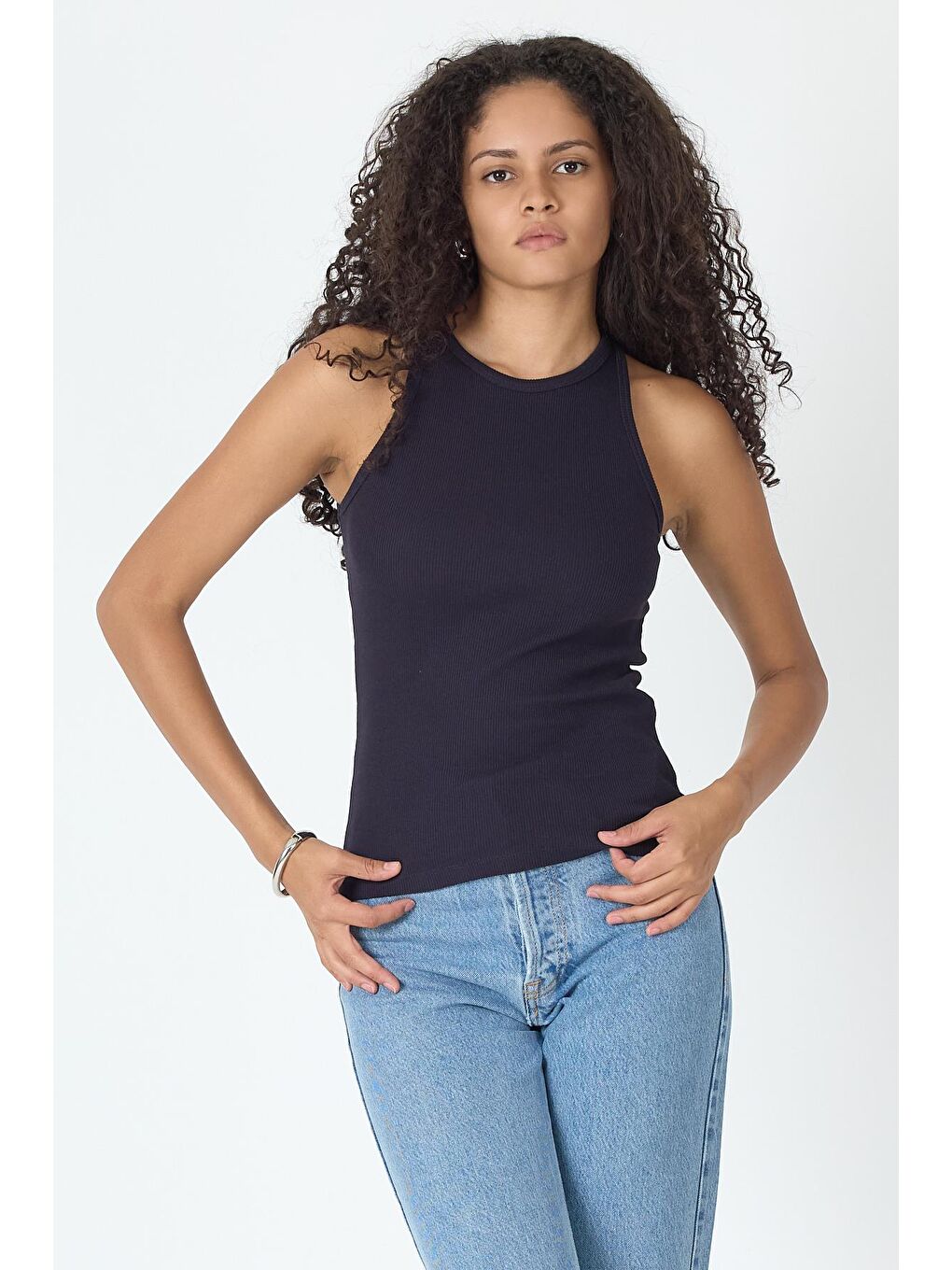 Fitilli Regular Fit Normal Kalıp Lacivert Bisiklet Yaka Sıfır Kol Pamuklu Kadın Atlet MTLCB112