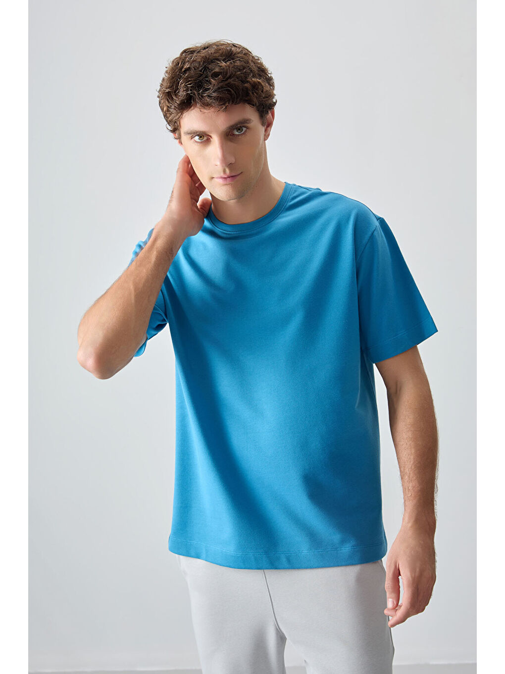 Petrol Mavi Pamuklu Kalın Yumuşak Dokulu Oversize Fit Basic Erkek Tişört- 88377