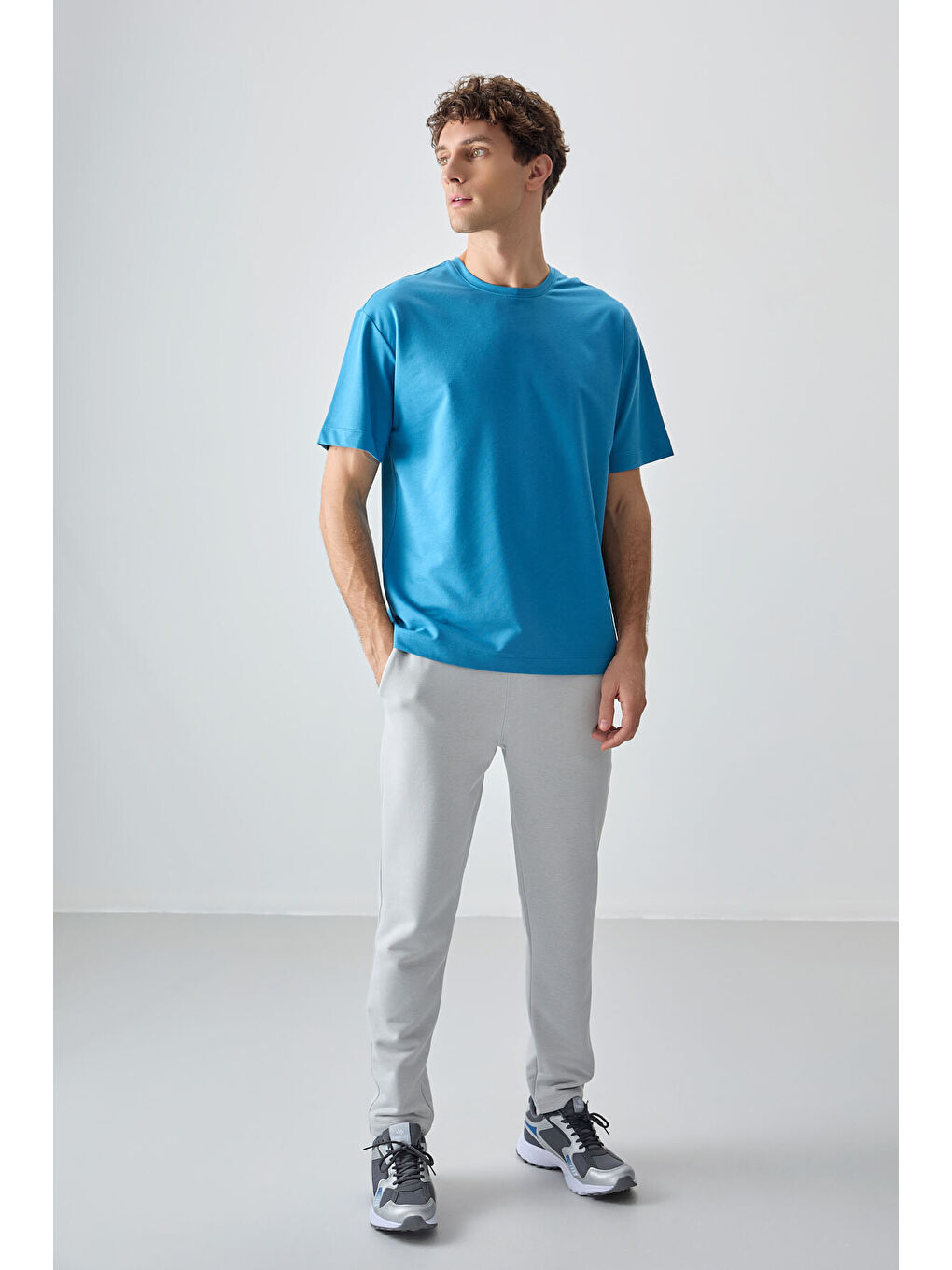 Petrol Mavi Pamuklu Kalın Yumuşak Dokulu Oversize Fit Basic Erkek Tişört- 88377-2