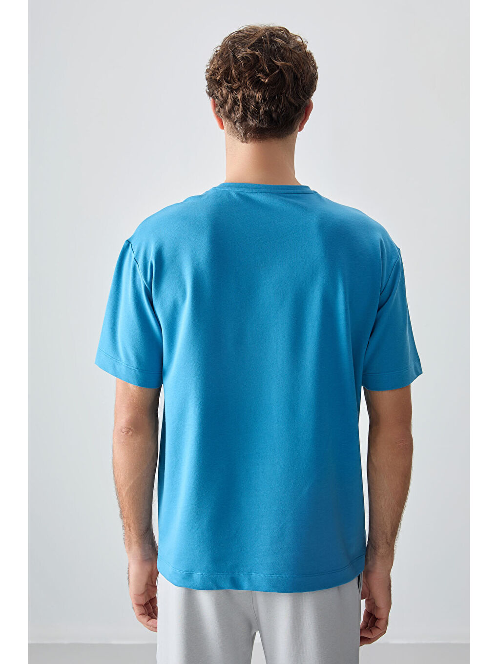 Petrol Mavi Pamuklu Kalın Yumuşak Dokulu Oversize Fit Basic Erkek Tişört- 88377-4