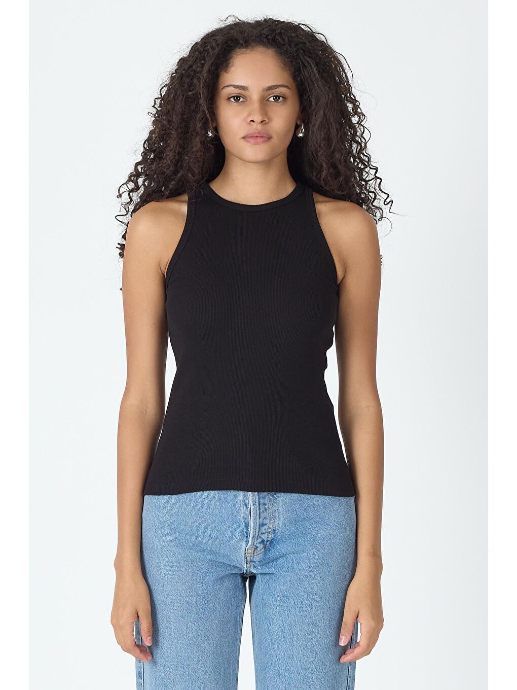 Fitilli Regular Fit Normal Kalıp Siyah Bisiklet Yaka Sıfır Kol Pamuklu Kadın Atlet MTLCB112-1