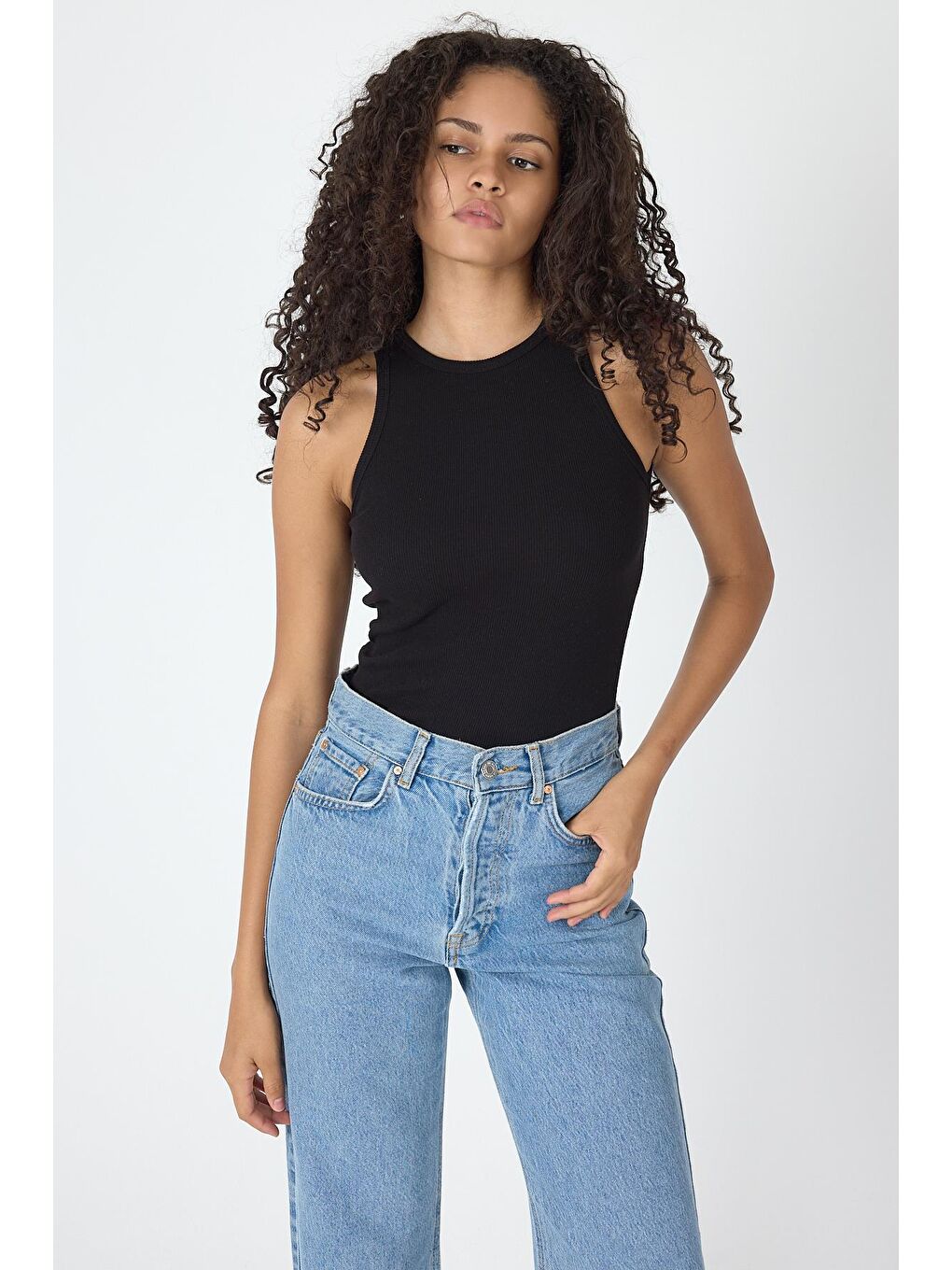 Fitilli Regular Fit Normal Kalıp Siyah Bisiklet Yaka Sıfır Kol Pamuklu Kadın Atlet MTLCB112-3