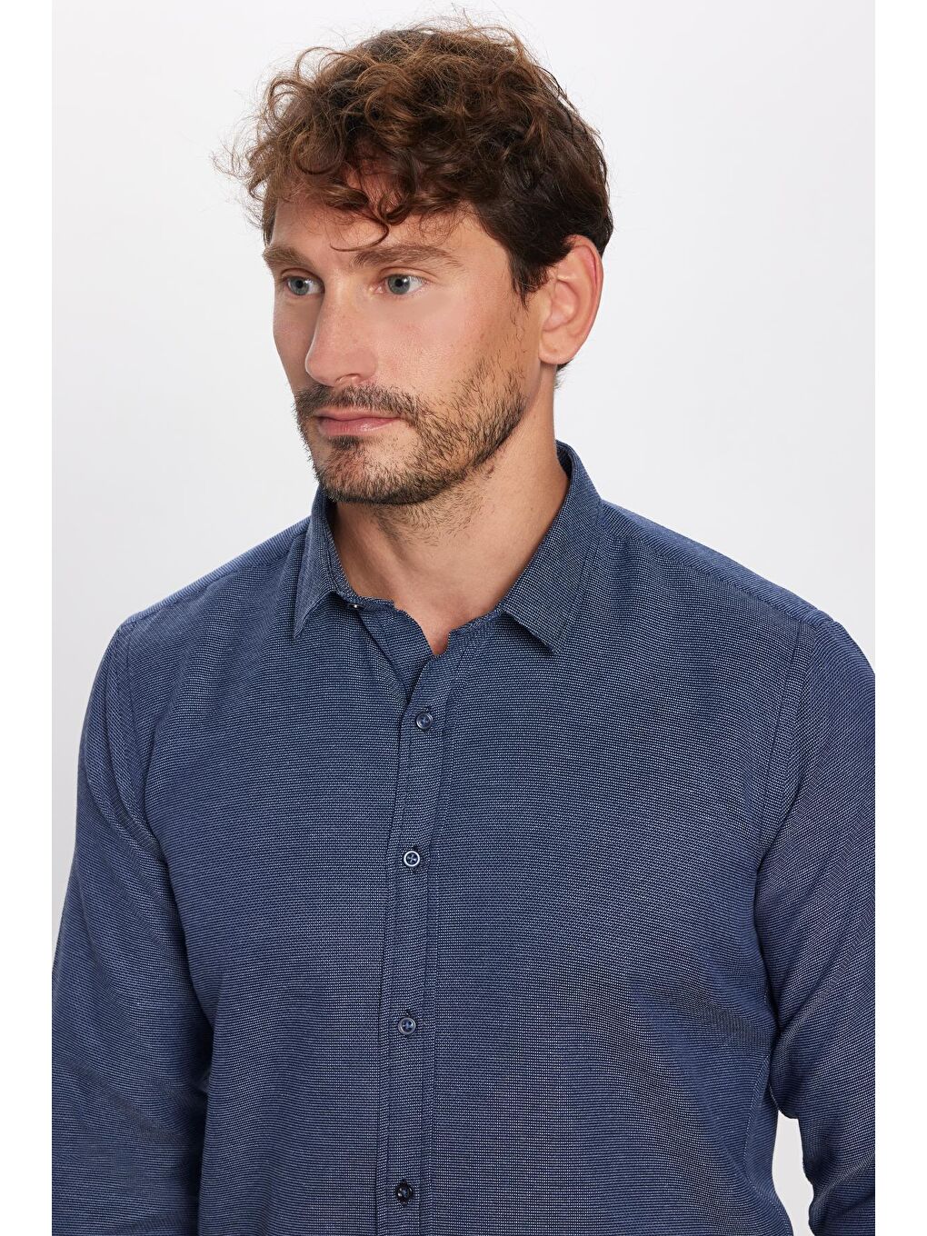 Modern Slim Fit Uzun Kollu Pamuklu Kolay Ütü Armürlü Erkek Lacivert Gömlek