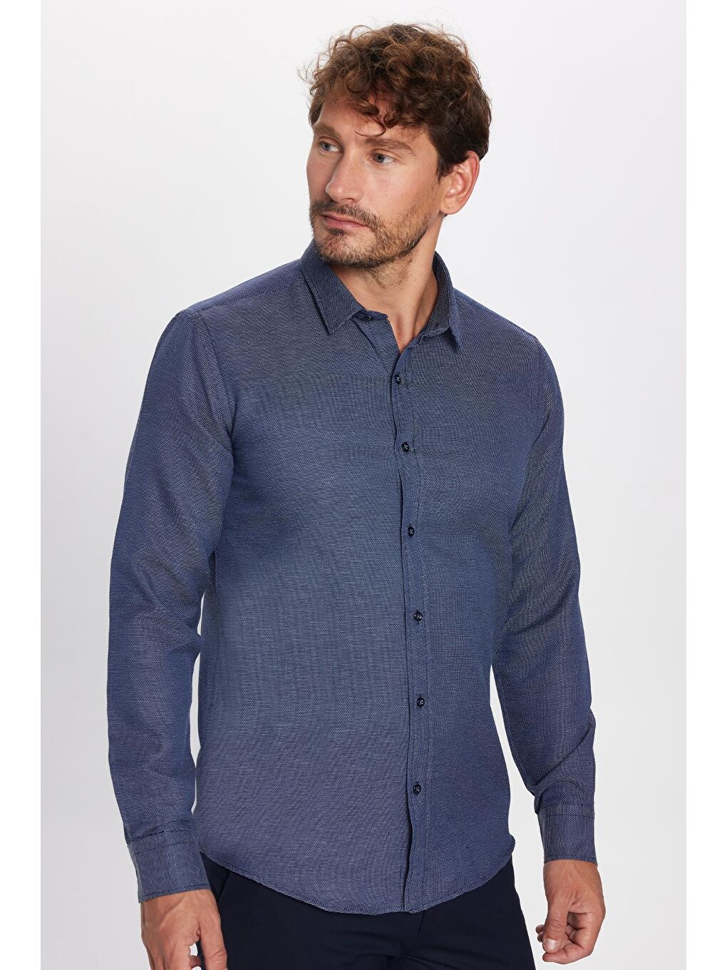 Modern Slim Fit Uzun Kollu Pamuklu Kolay Ütü Armürlü Erkek Lacivert Gömlek-1
