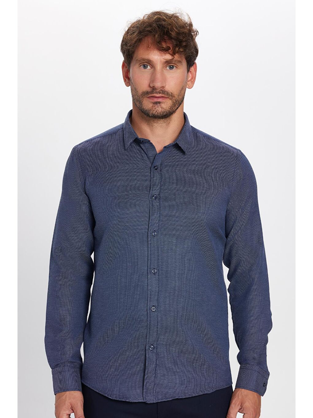 Modern Slim Fit Uzun Kollu Pamuklu Kolay Ütü Armürlü Erkek Lacivert Gömlek-2