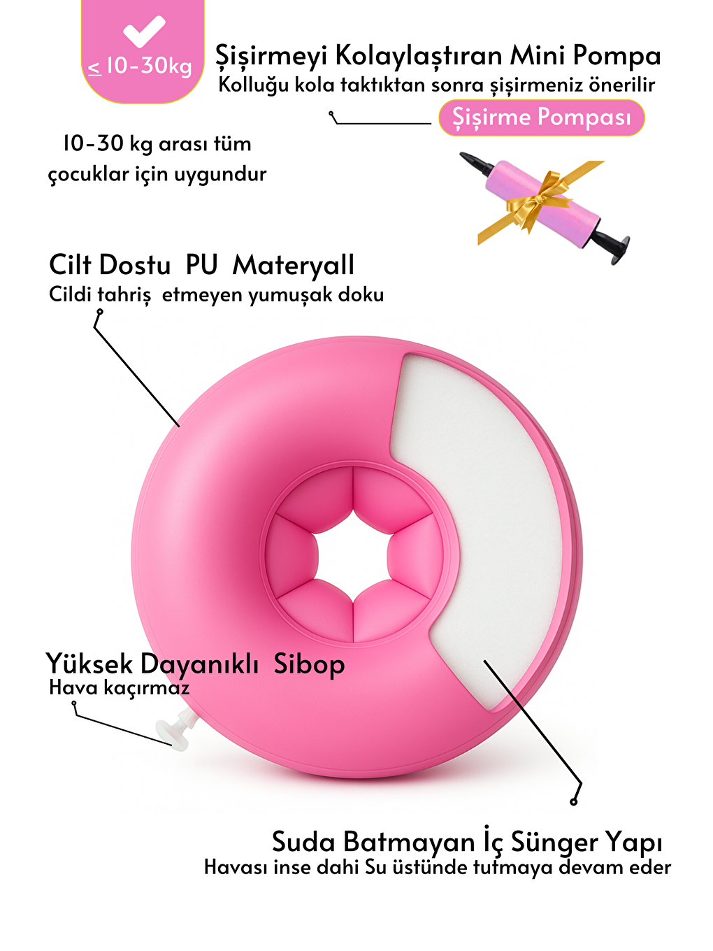 Pembe Çocuk Kolluk Yüzme Kolluk Havuz Kolluk (İçi Dolgulu  Pompa-Çanta-Tamir Kiti Hediyeli)-2