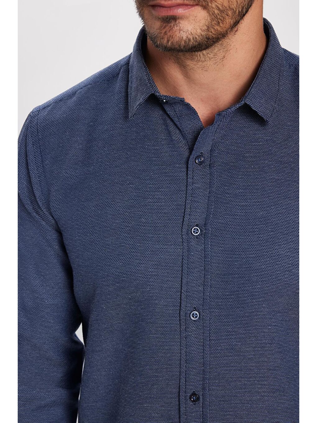 Modern Slim Fit Uzun Kollu Pamuklu Kolay Ütü Armürlü Erkek Lacivert Gömlek-3