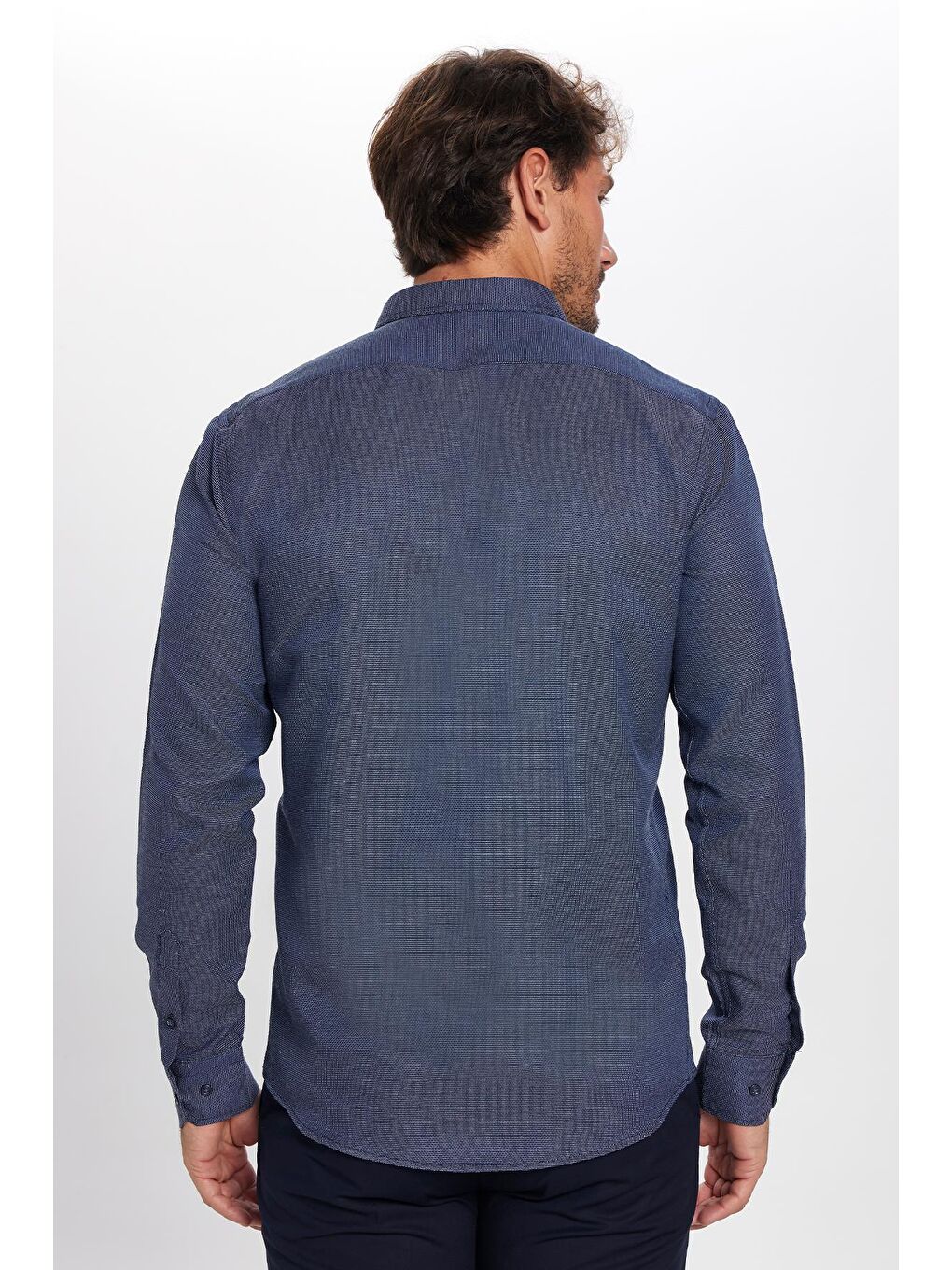 Modern Slim Fit Uzun Kollu Pamuklu Kolay Ütü Armürlü Erkek Lacivert Gömlek-4