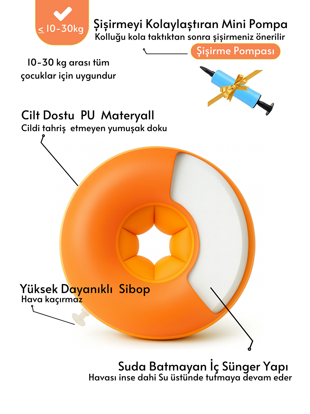 Turuncu Çocuk Kolluk Yüzme Kolluk Havuz Kolluk (İçi Dolgulu  Pompa-Çanta-Tamir Kiti Hediyeli)-2