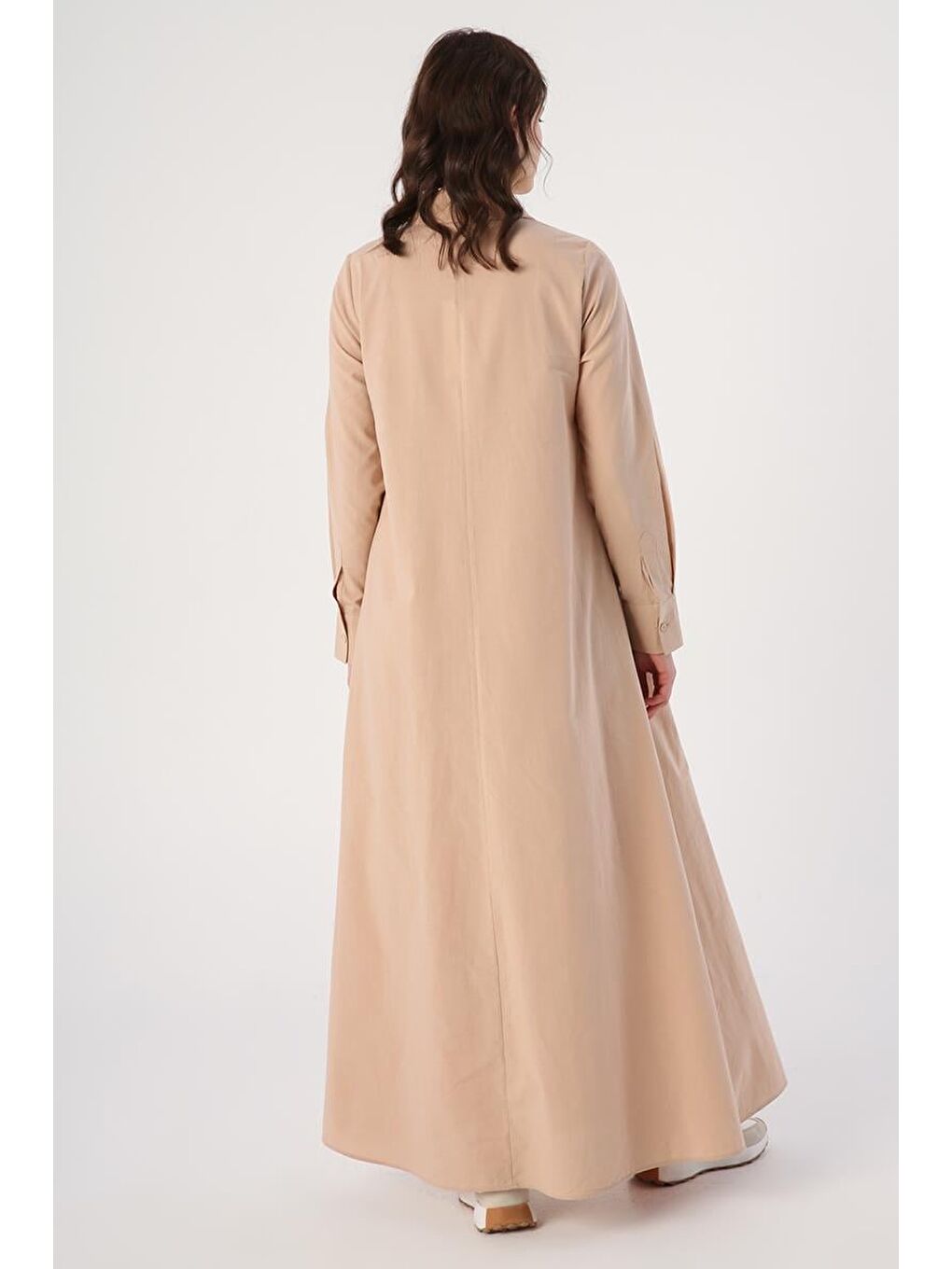 Bej %100 Pamuk Yarım Patlı Gömlek Yaka Cepli Elbise-3