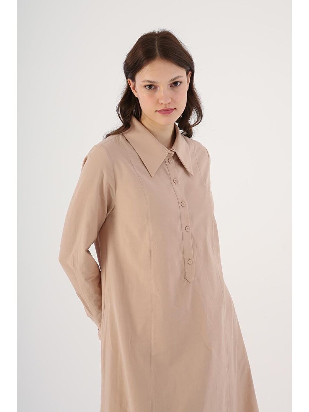 Bej %100 Pamuk Yarım Patlı Gömlek Yaka Cepli Elbise-4