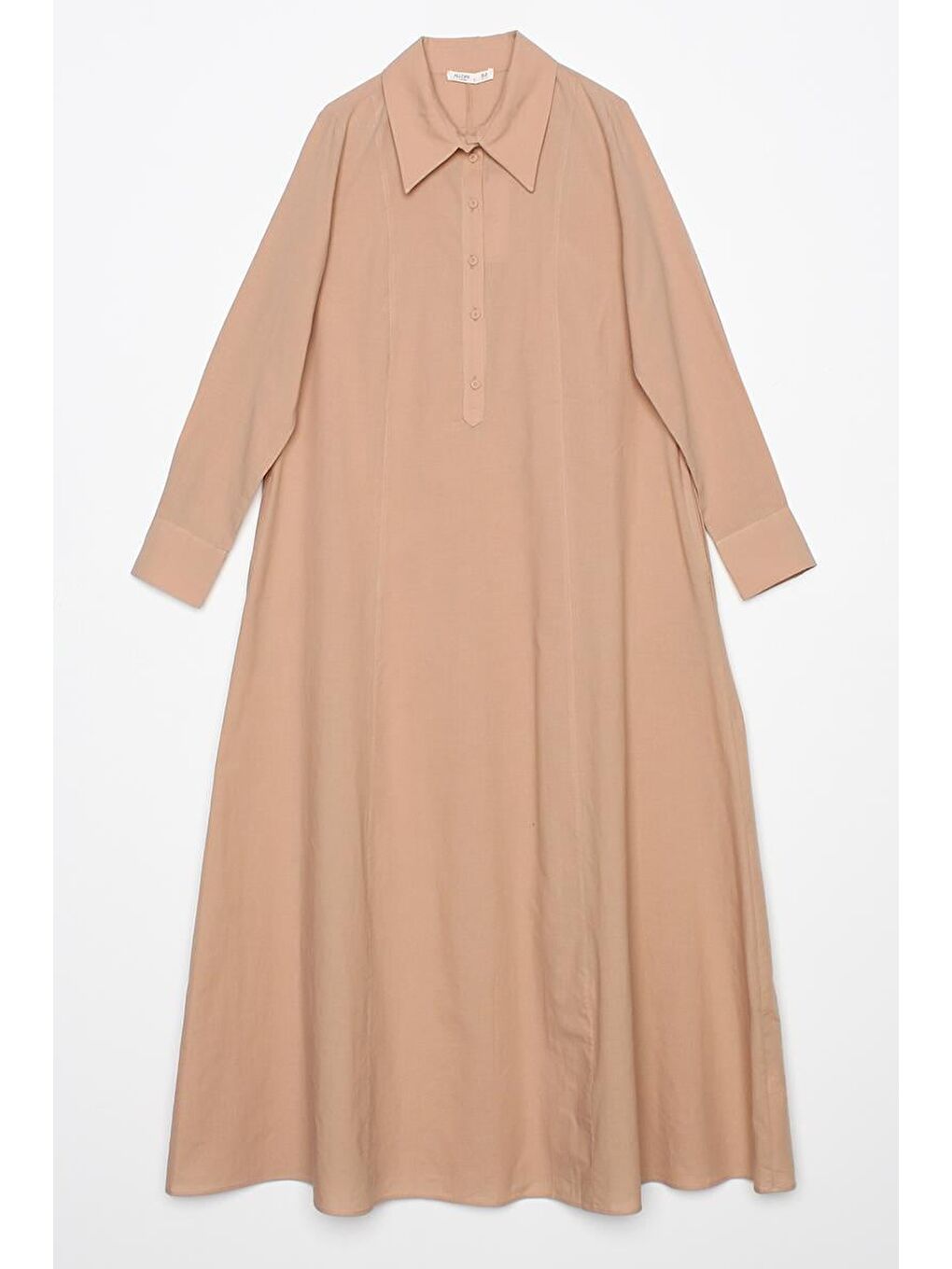 Bej %100 Pamuk Yarım Patlı Gömlek Yaka Cepli Elbise-6