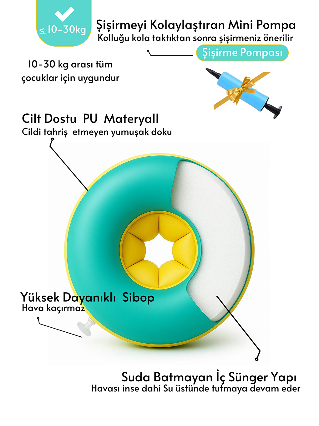Yeşil Çocuk Kolluk Yüzme Kolluk Havuz Kolluk (İçi Dolgulu  Pompa-Çanta-Tamir Kiti Hediyeli)-2