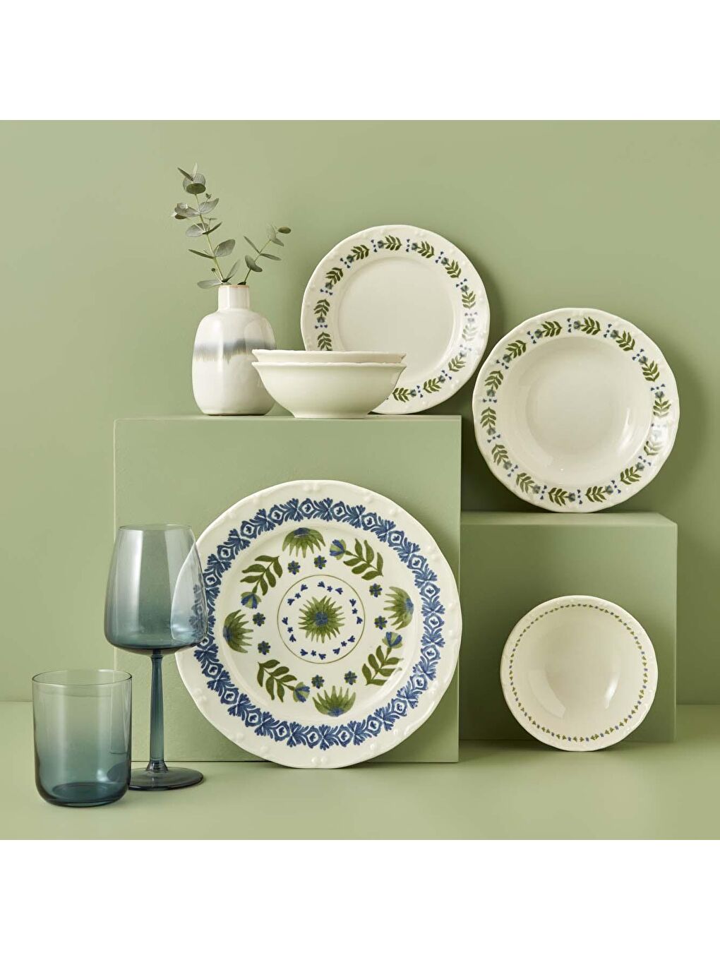 Alessa 24 Parça 6 Kişilik Yemek Takımı Mavi-Yeşil