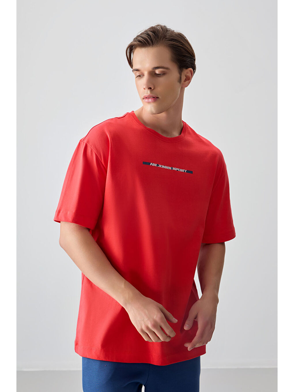 Kırmızı %100 Pamuk Kalın Yumuşak Dokulu Oversize Fit Baskılı Erkek Tişört - 88358