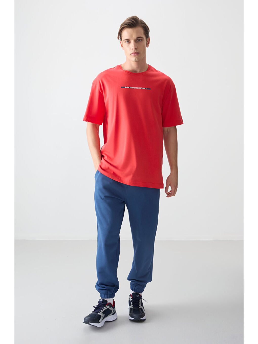 Kırmızı %100 Pamuk Kalın Yumuşak Dokulu Oversize Fit Baskılı Erkek Tişört - 88358-3