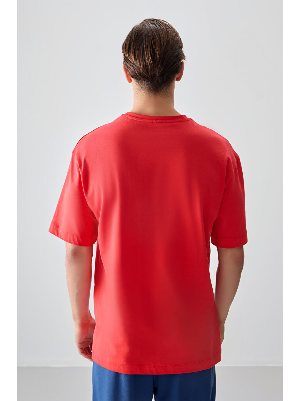 Kırmızı %100 Pamuk Kalın Yumuşak Dokulu Oversize Fit Baskılı Erkek Tişört - 88358-4