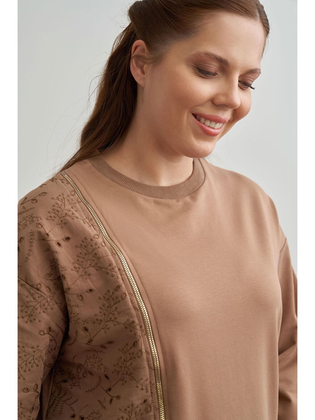 Bej Vizon-Büyük Beden Fisto Garnili Pantolonlu Takım-3