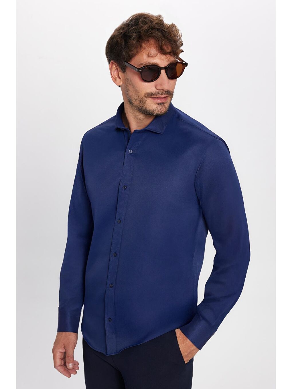 Modern Slim Fit Uzun Kollu Düz Saten Pamuklu Erkek Lacivert Gömlek