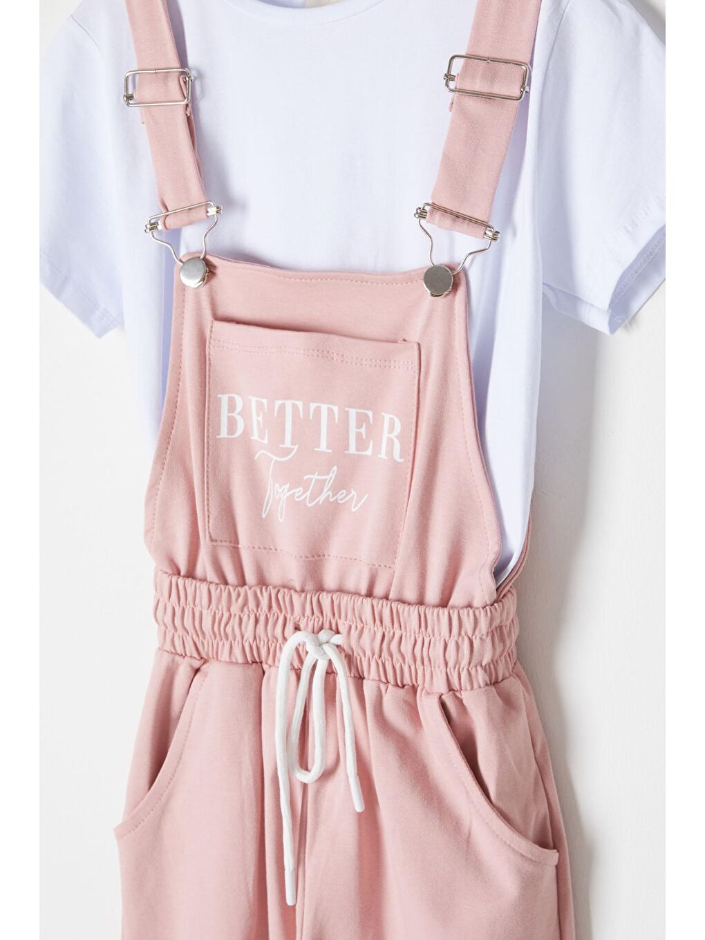 Pembe Somon Yazı Baskılı Tişörtlü Kız Salopet Tulum 16715-1