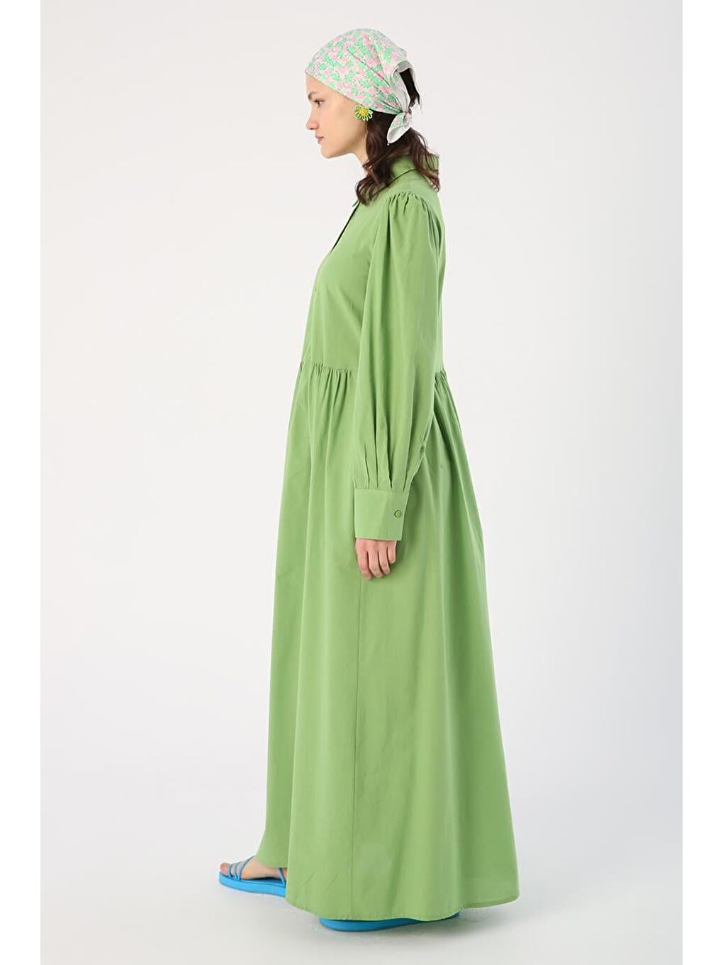 Açık Yeşil %100 Pamuk Büzgülü Gömlek Elbise-2