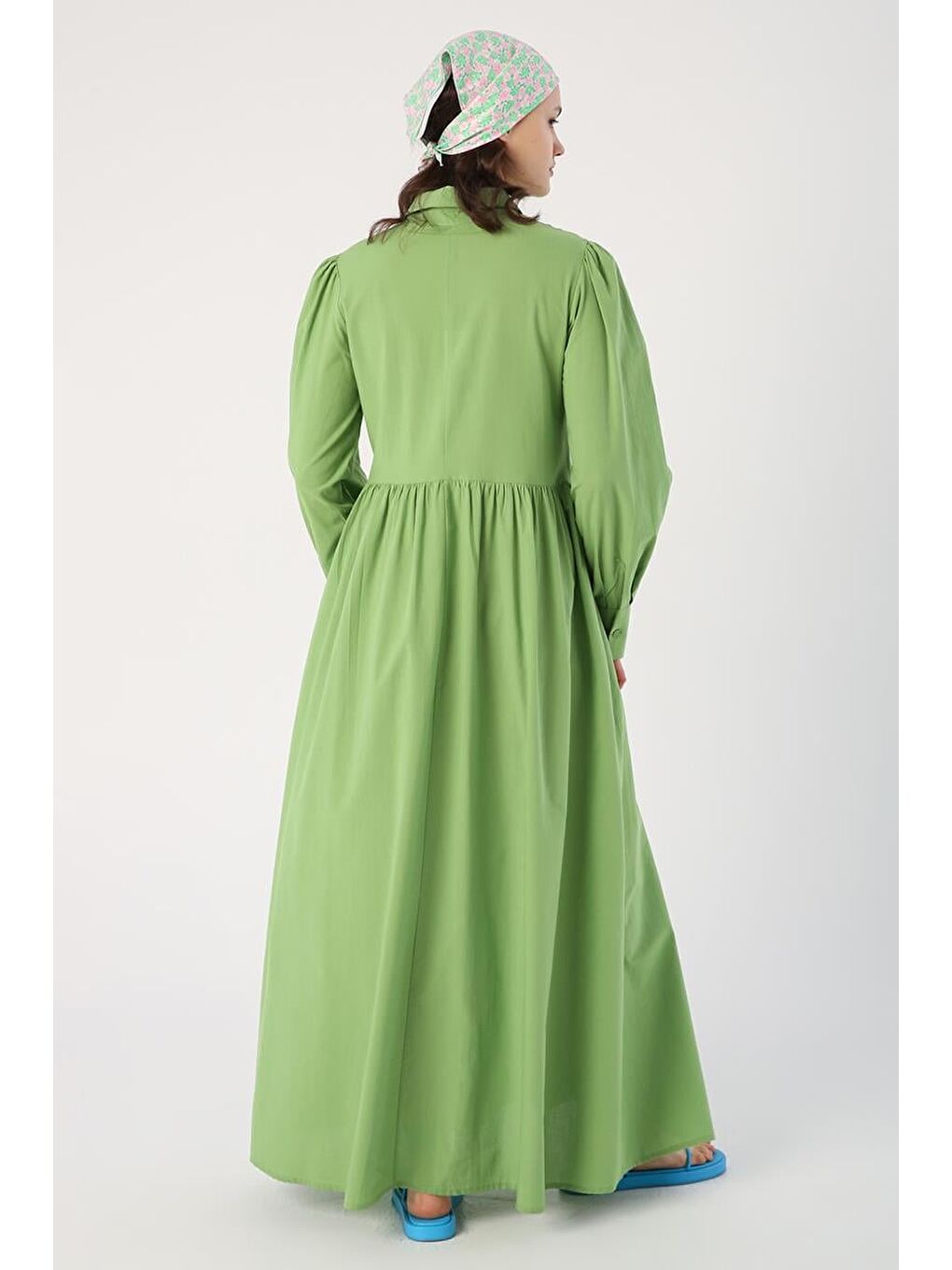 Açık Yeşil %100 Pamuk Büzgülü Gömlek Elbise-3