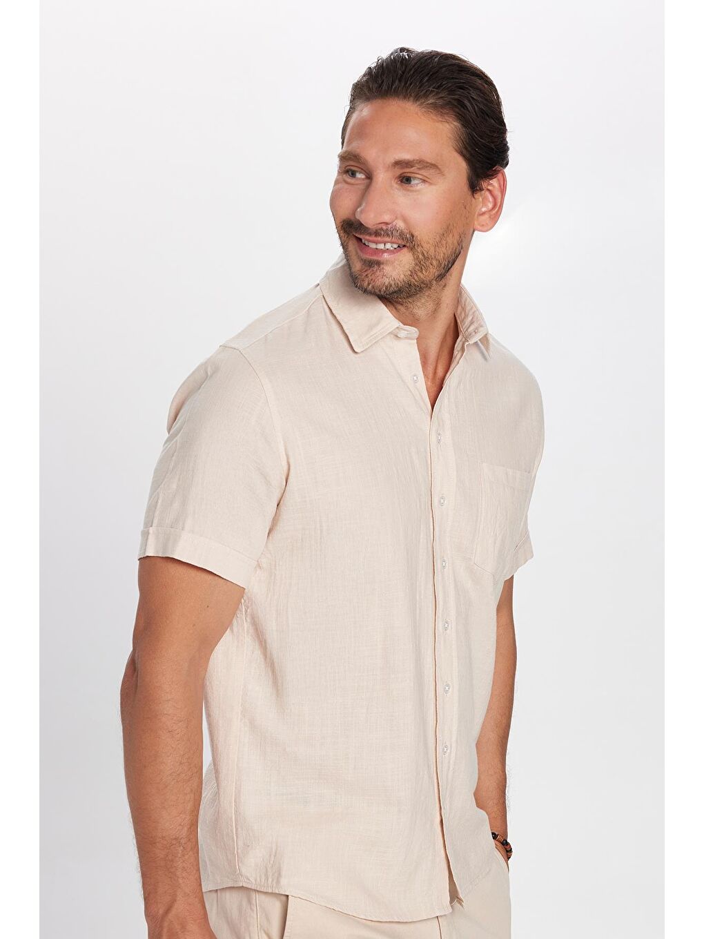 Erkek Regular Fit Klasik Kesim %100 Pamuk Keten Doku Cepli Bej Gömlek