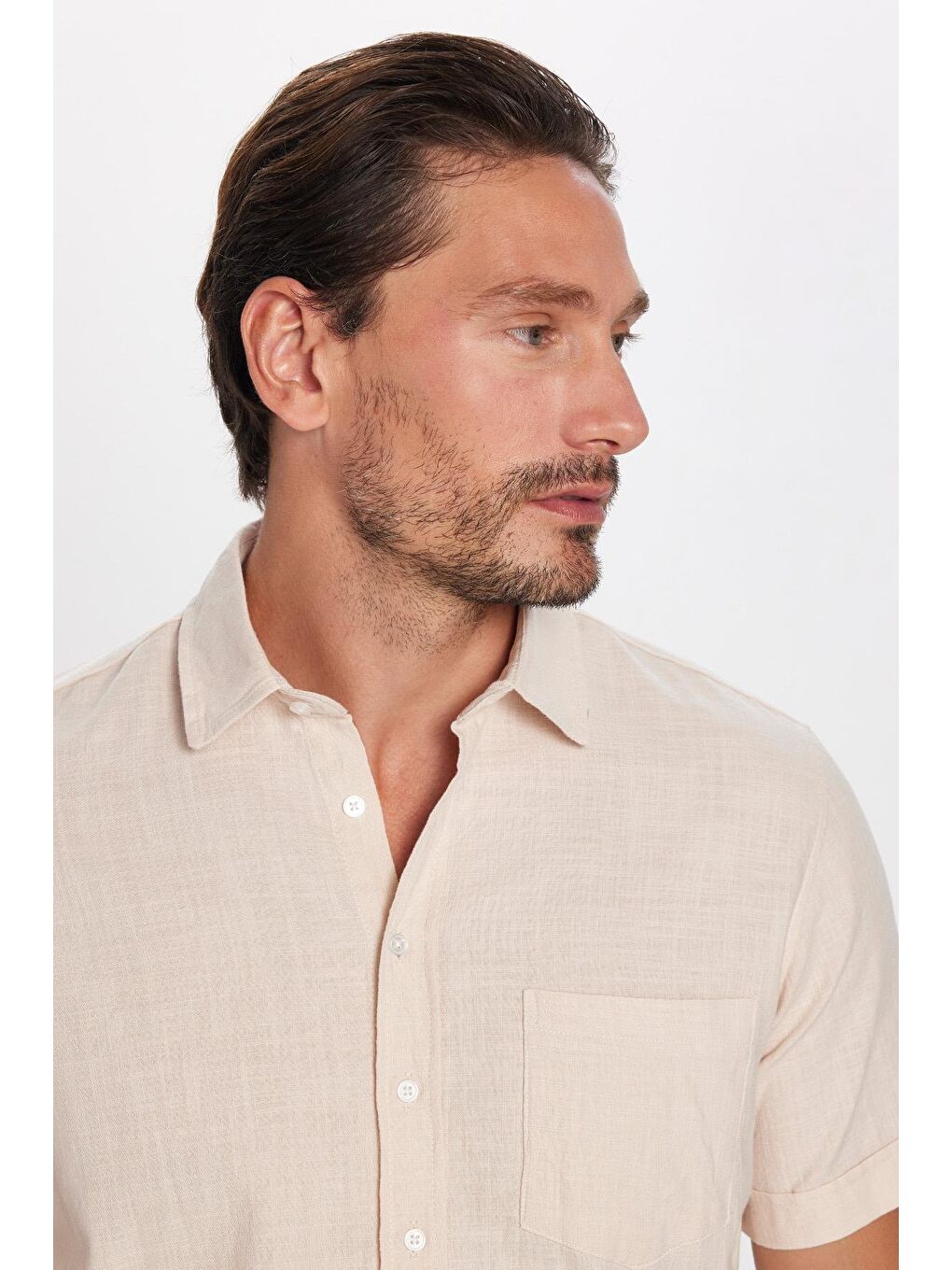 Erkek Regular Fit Klasik Kesim %100 Pamuk Keten Doku Cepli Bej Gömlek-1