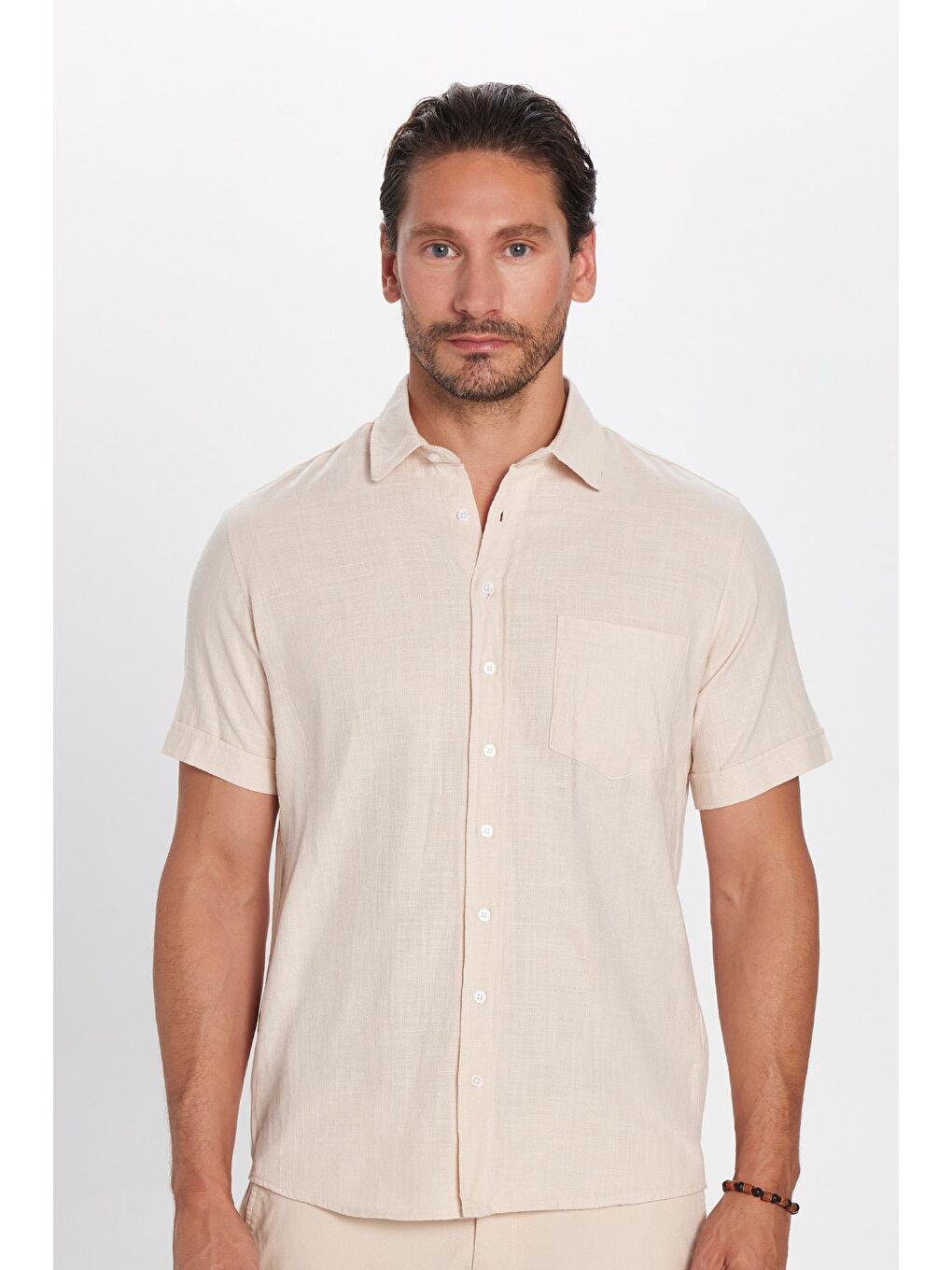 Erkek Regular Fit Klasik Kesim %100 Pamuk Keten Doku Cepli Bej Gömlek-2