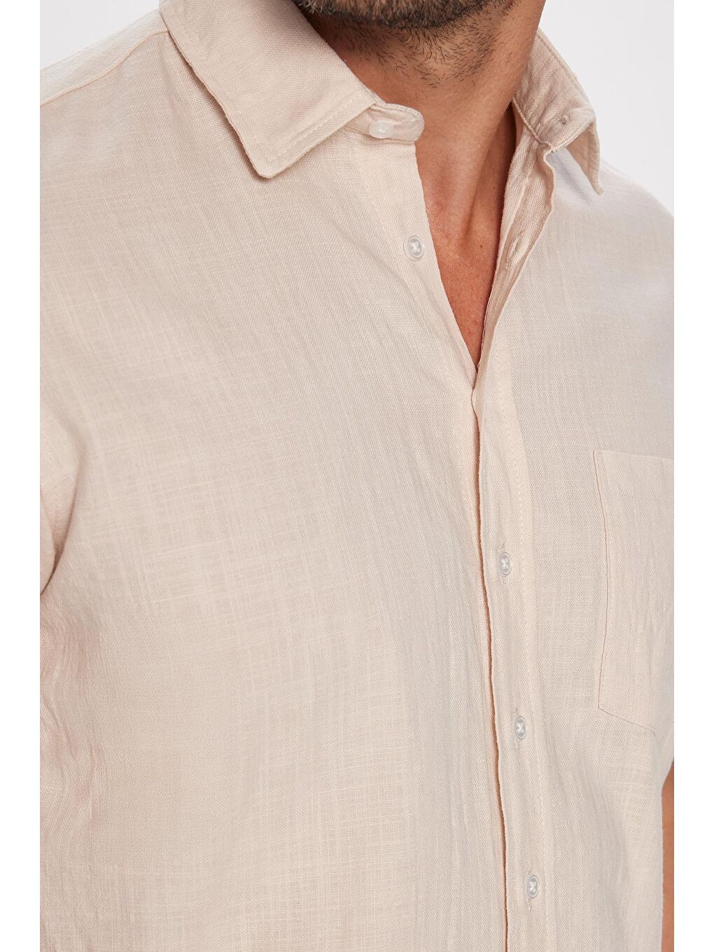 Erkek Regular Fit Klasik Kesim %100 Pamuk Keten Doku Cepli Bej Gömlek-3