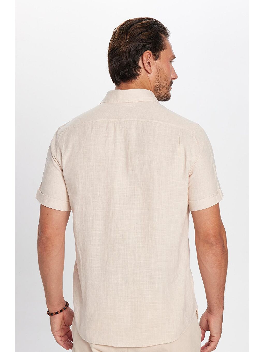 Erkek Regular Fit Klasik Kesim %100 Pamuk Keten Doku Cepli Bej Gömlek-4